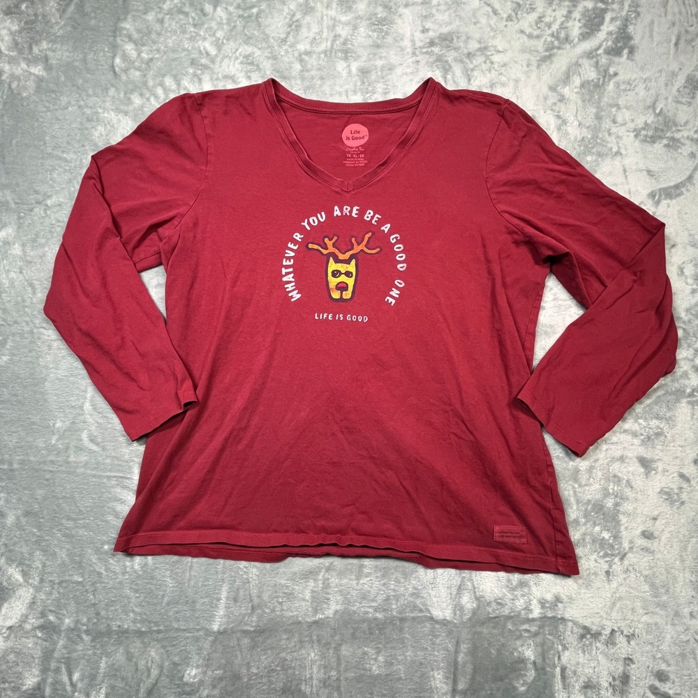 Life is Good Crusher Tee Womens XL Red Reindeer Graphic V-Neck Long Sleeve Shirt